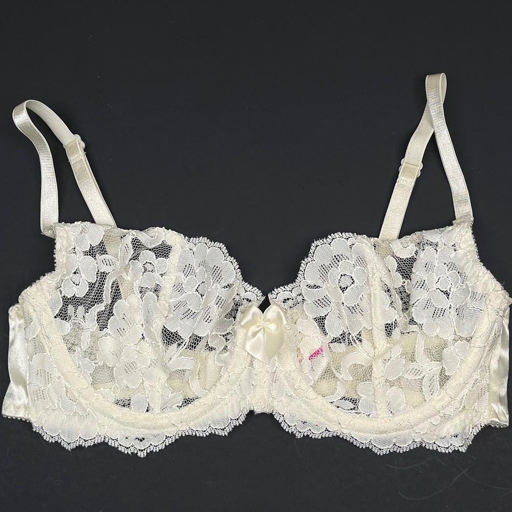 Vintage Victoria Secret Lace Unlined Bra 34B Ivory Floral Sheer Underwire Bridal